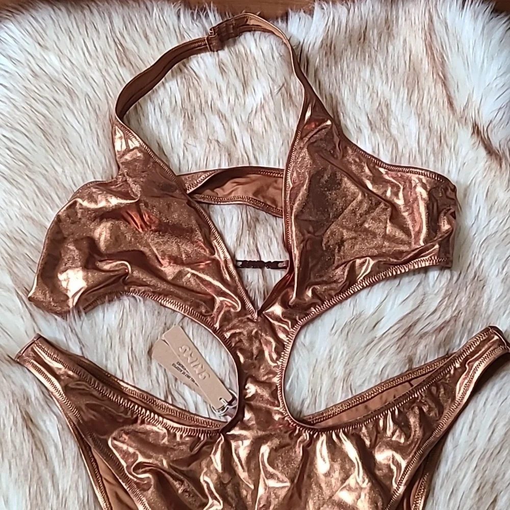NWT SKIMS Metallic Halter Monokini Size 3X